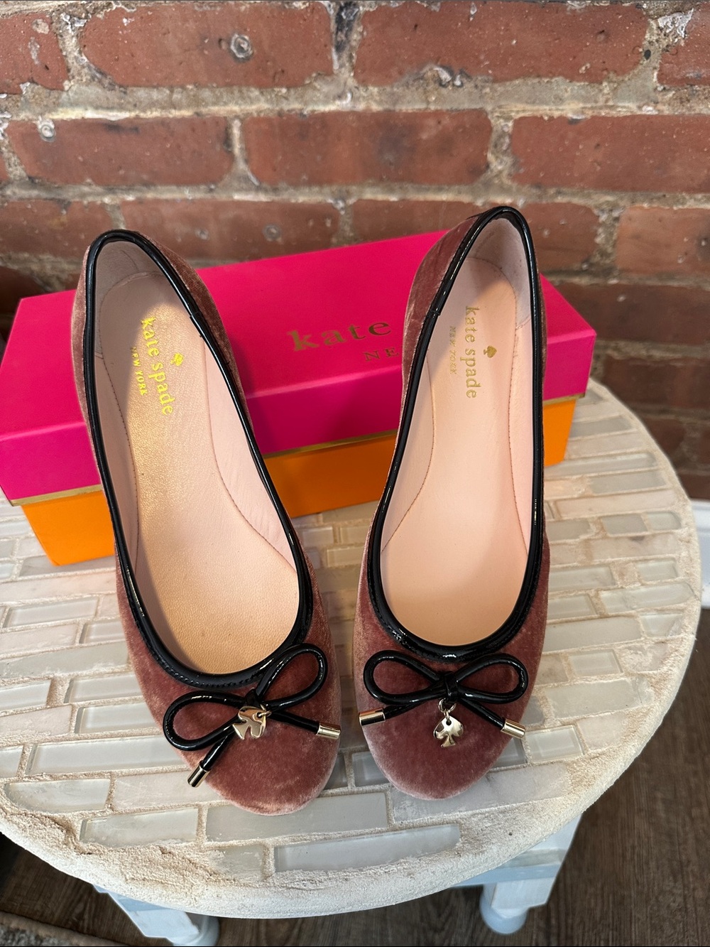 kate spade Rose Velvet Bow Ballet Flats with Black Trim